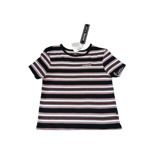 Fivestar Ribbed Striped T Shirt Black Pink White Blue Short‎ Sleeve Top Large